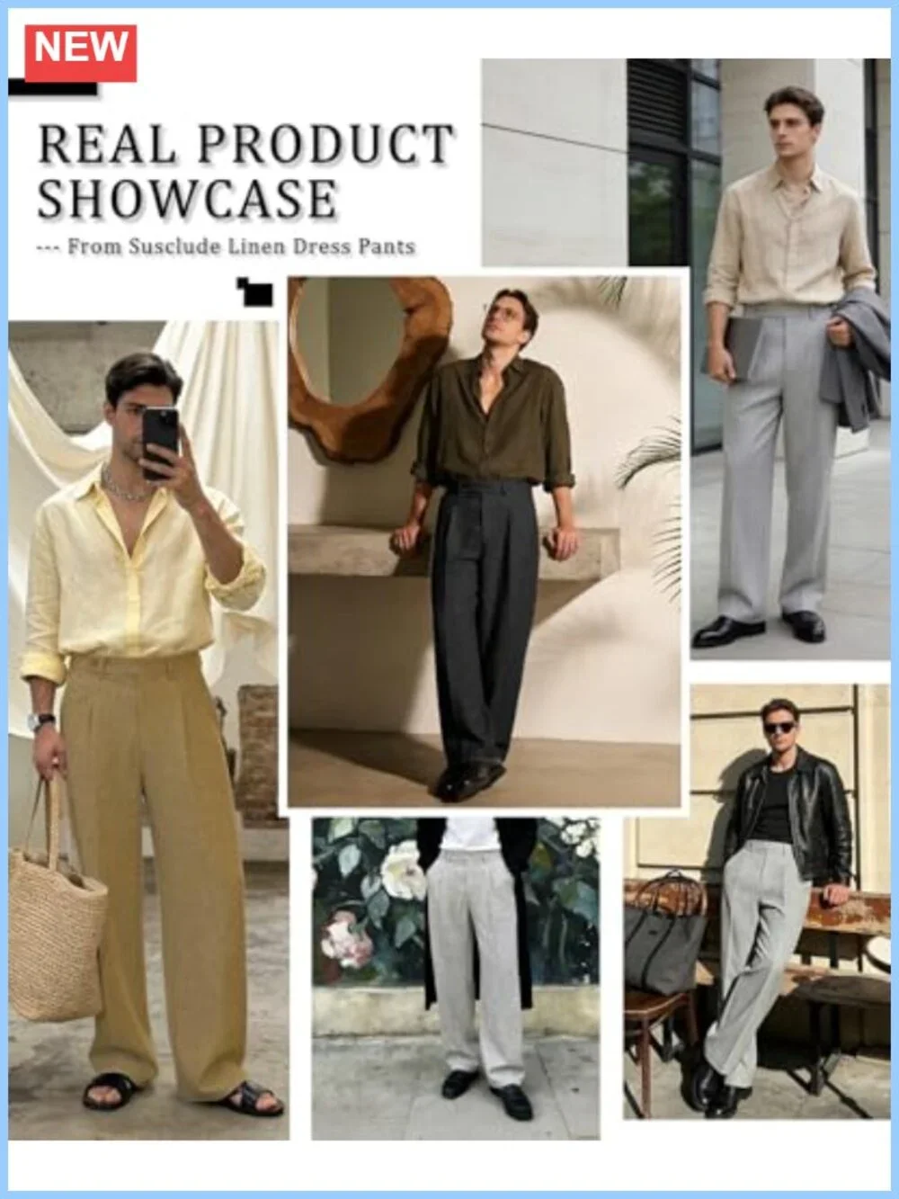 Mens Linen Blend Baggy Pleated Wide Leg Dress Pants Elastic Waist Lightweight